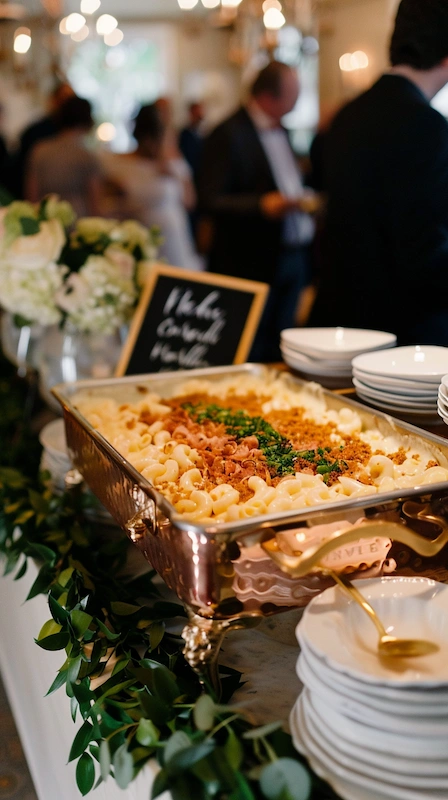 Cheap Wedding Food Ideas: 27 Budget-Friendly Options That Still Feel Special 17 Elegant wedding mac and cheese station with chafing dish, stack plates greenery decor guests mingling in background softly lit