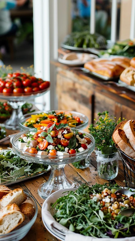 Cheap Wedding Food Ideas: 27 Budget-Friendly Options That Still Feel Special 15 Elegant wedding buffet table with fresh salads, cherry tomatoes, artisan bread, and greens displayed on rustic serving stands