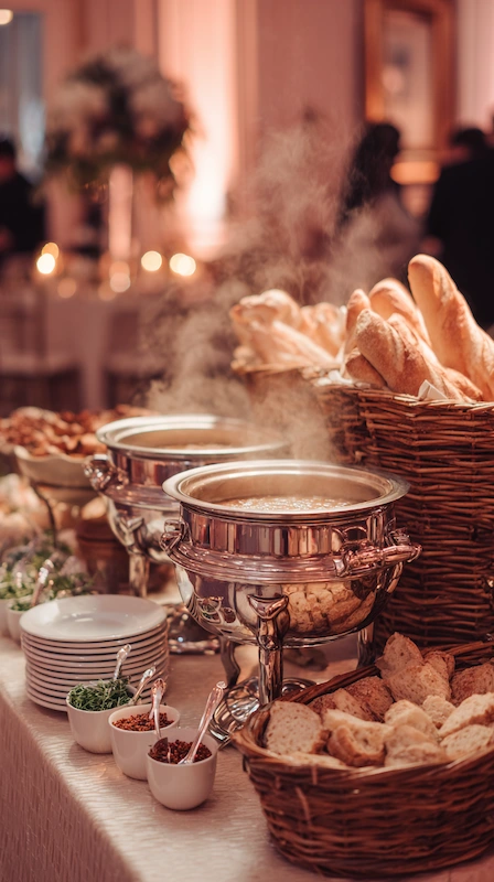 Cheap Wedding Food Ideas: 27 Budget-Friendly Options That Still Feel Special 11 Elegant wedding buffet with steaming soup tureens, crusty bread baskets, candles, and florals in warm reception lighting glow
