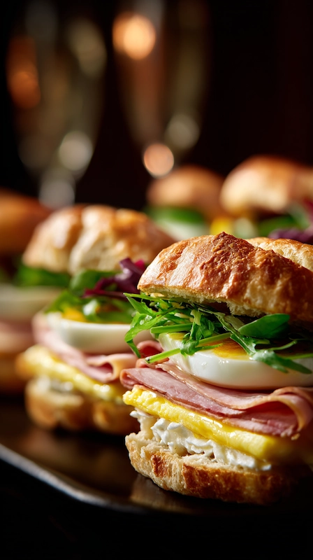 Cheap Wedding Food Ideas: 27 Budget-Friendly Options That Still Feel Special 13 Gourmet breakfast sandwiches with egg, ham, greens on flaky croissants, styled for an elegant wedding brunch catering display