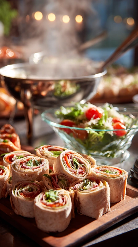Cheap Wedding Food Ideas: 27 Budget-Friendly Options That Still Feel Special 14 Gourmet wrap pinwheels with deli meats, greens, and veggies on a wooden board beside a hot soup station at a wedding buffet