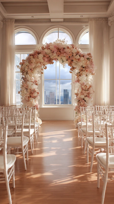 Elegant indoor wedding aisle with white chairs leading to floral arch of blush and ivory blooms framed by tall arched windows