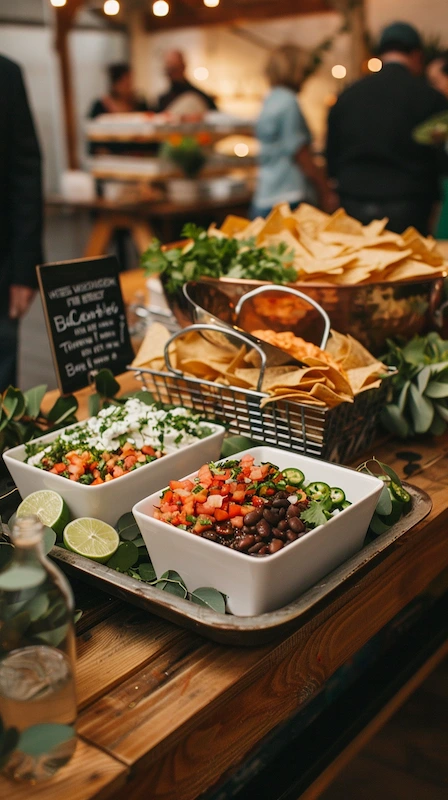 Cheap Wedding Food Ideas: 27 Budget-Friendly Options That Still Feel Special 25 Late-night wedding nacho bar with tortilla chips, salsa, beans, toppings, and rustic decor on wooden buffet table display.