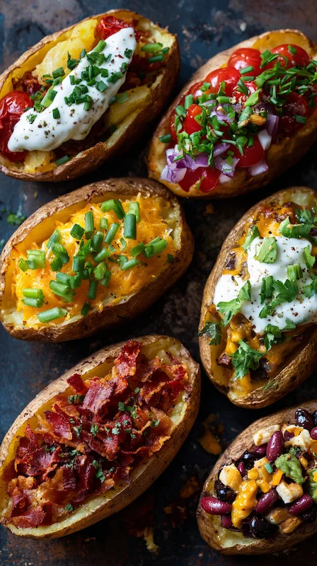 Cheap Wedding Food Ideas: 27 Budget-Friendly Options That Still Feel Special 9 Close-up of baked potatoes with assorted toppings like cheese, bacon, herbs, sour cream, and salsa for a wedding food bar