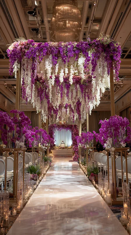 Luxury wedding aisle with cascading purple and white orchids overhead, glowing candles and elegant chairs in grand ballroom