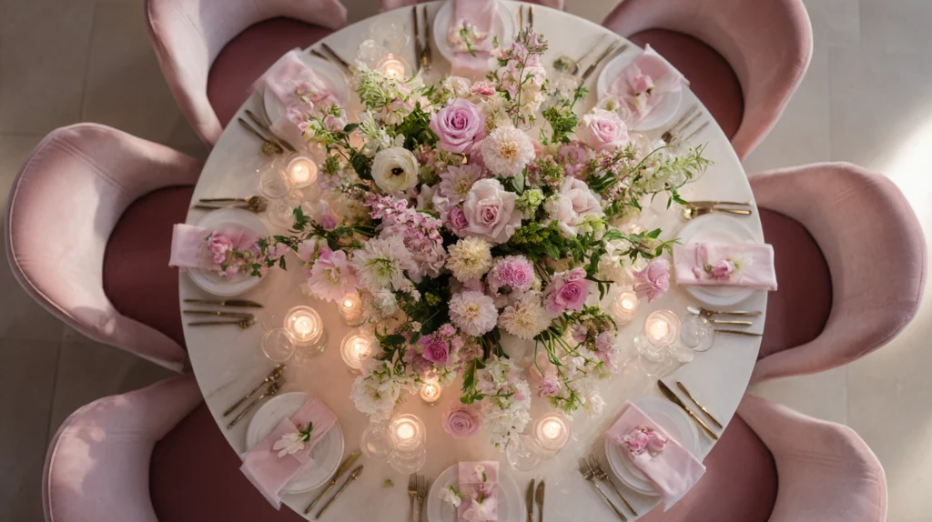 Overhead luxury wedding table with lush pink and ivory florals, blush velvet chairs, candles, and refined place settings
