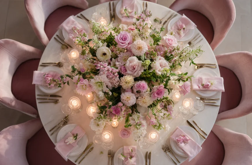Wedding Decor 12 Overhead luxury wedding table with lush pink and ivory florals, blush velvet chairs, candles, and refined place settings