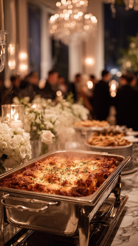 Cheap Wedding Food Ideas: 27 Budget-Friendly Options That Still Feel Special 5 Luxury wedding buffet with baked pasta in silver chafing dish, candles, florals, and guests mingling in elegant ballroom