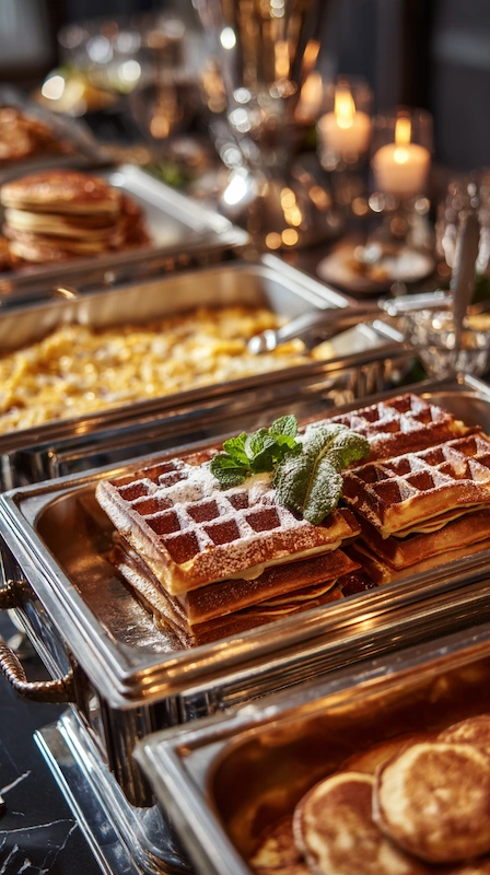 Cheap Wedding Food Ideas: 27 Budget-Friendly Options That Still Feel Special 12 Elegant brunch buffet with waffles, pancakes, and egg bake in chafing dishes, styled for a luxury wedding reception display set