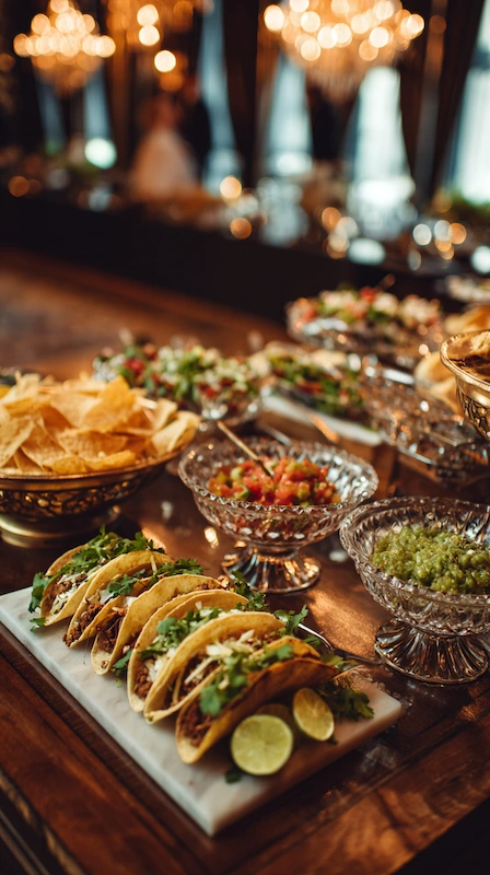 Cheap Wedding Food Ideas: 27 Budget-Friendly Options That Still Feel Special 2 Elegant wedding taco bar with gourmet tacos, chips, salsa, and guacamole displayed on crystal bowls in grand candlelit ballroom