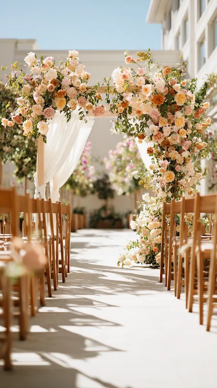 Outdoor wedding aisle with wooden chairs leading to a white draped arch adorned with cascading peach garden roses sunlit softly