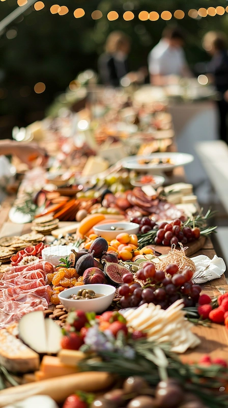 Cheap Wedding Food Ideas: 27 Budget-Friendly Options That Still Feel Special 19 Outdoor wedding grazing table with cheeses fruits meats crackers and greenery on long rustic table with guests blurred background