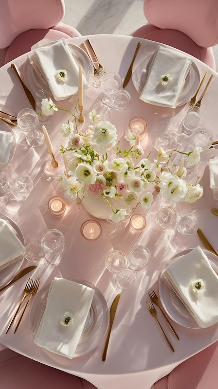 Wedding Centerpiece Ideas for Round Tables (3-2-1 Formula) 9 Overhead pink wedding table with white florals, gold flatware, blush chairs, candles, and elegant place settings