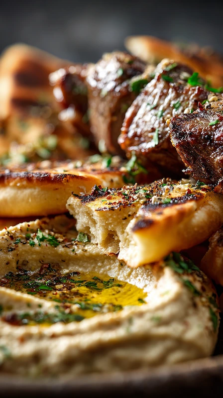 Cheap Wedding Food Ideas: 27 Budget-Friendly Options That Still Feel Special 8 Close-up of warm pita and creamy hummus with grilled meat and herbs in rich Mediterranean wedding catering display