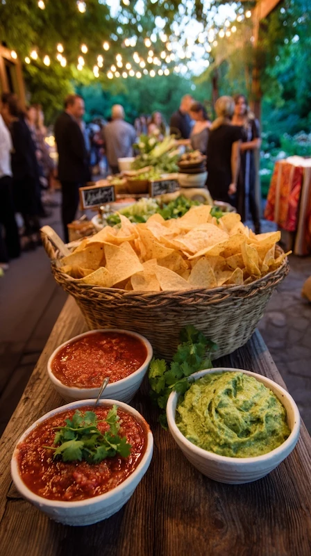 Cheap Wedding Food Ideas: 27 Budget-Friendly Options That Still Feel Special 21 Rustic outdoor wedding snack station with tortilla chips, salsa, guacamole, and guests mingling under string lights at sunset.