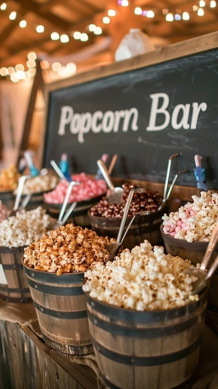 Cheap Wedding Food Ideas: 27 Budget-Friendly Options That Still Feel Special 23 Rustic wedding popcorn bar with flavored popcorn in wooden barrels, scoops, and chalkboard sign under string lights.