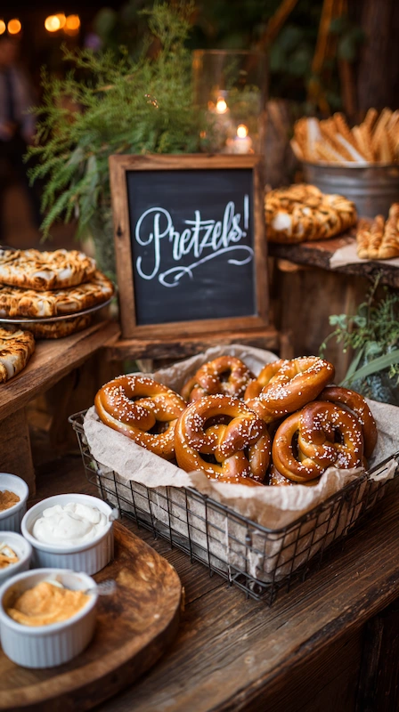 Cheap Wedding Food Ideas: 27 Budget-Friendly Options That Still Feel Special 24 Rustic wedding pretzel bar with warm soft pretzels, dipping sauces, chalkboard sign, and candlelit wood display table.