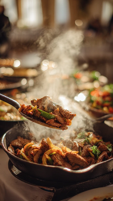 Cheap Wedding Food Ideas: 27 Budget-Friendly Options That Still Feel Special 3 Sizzling steak fajitas with peppers and onions steaming in skillet as server lifts portion in elegant reception setting glow