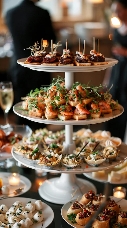 Cheap Wedding Food Ideas: 27 Budget-Friendly Options That Still Feel Special 22 Three-tier stand of gourmet wedding hors d'oeuvres with shrimp crostini, beef bites, and tartlets at elegant reception venue.