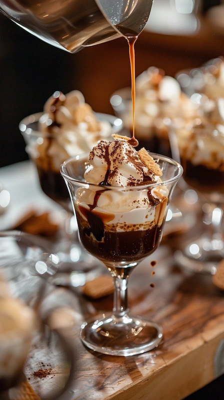 Cheap Wedding Food Ideas: 27 Budget-Friendly Options That Still Feel Special 27 Close-up of wedding affogato dessert cup with espresso pouring over vanilla ice cream and chocolate drizzle in glass.