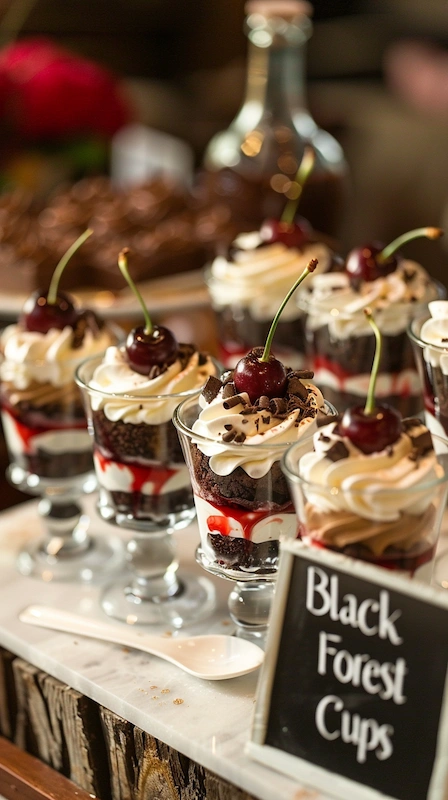 Cheap Wedding Food Ideas: 27 Budget-Friendly Options That Still Feel Special 28 Elegant wedding Black Forest dessert cups with chocolate cake layers, cream, cherries, and syrup on rustic display table.