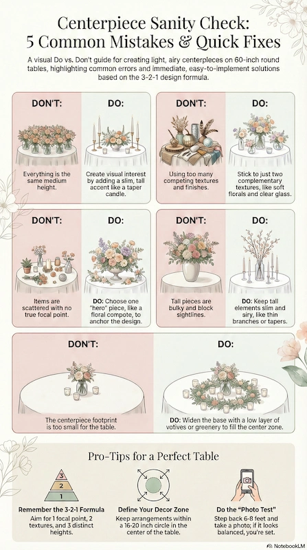 Wedding Centerpiece Ideas for Round Tables (3-2-1 Formula) 10 Wedding centerpiece sanity check infographic showing common mistakes and quick fixes for balanced, stylish reception tables