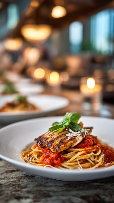 Cheap Wedding Food Ideas: 27 Budget-Friendly Options That Still Feel Special 4 Elegant wedding pasta plate with spaghetti marinara, grilled chicken, basil garnish, and parmesan in candlelit reception