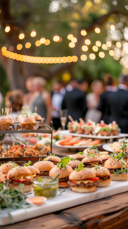 Cheap Wedding Food Ideas: 27 Budget-Friendly Options That Still Feel Special 16 Wedding slider station with mini burgers and hors d’oeuvres displayed outdoors under string lights during cocktail hour