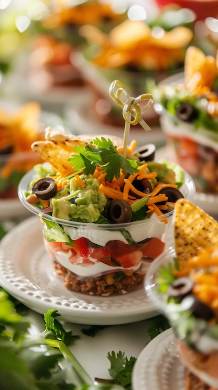 Cheap Wedding Food Ideas: 27 Budget-Friendly Options That Still Feel Special 18 Wedding walking taco cup with guacamole olives cheese sour cream layers topped with cilantro garnish on white plate bright light