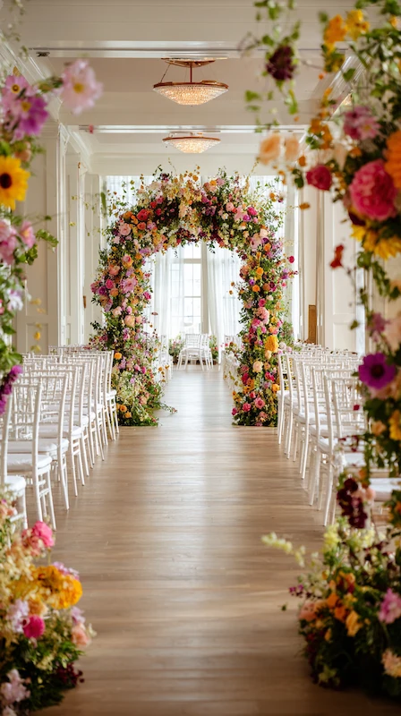 Colorful wildflower wedding arch with vibrant blooms lining aisle and white chairs in elegant sunlit indoor ceremony space