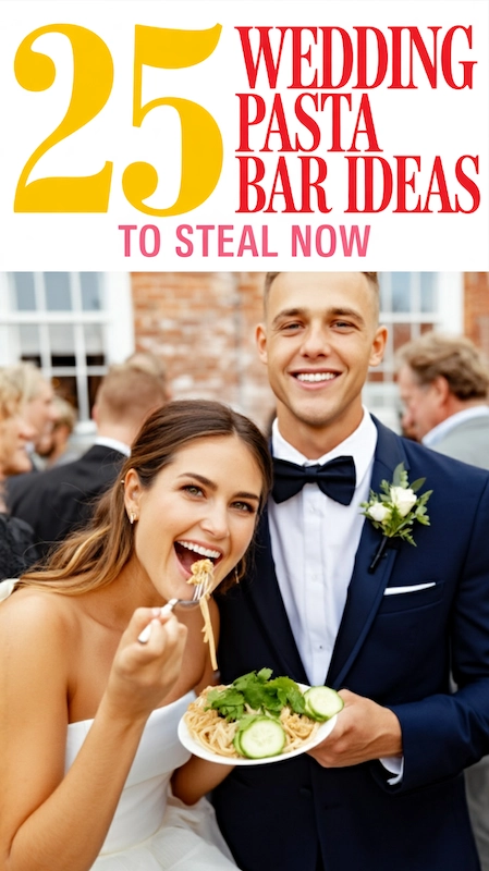 25 Wedding Pasta Bar Ideas Your Guests Will Obsess Over 1 Bride and groom smiling at wedding reception while sharing a plate of pasta beneath text reading 25 wedding pasta bar ideas to steal now.