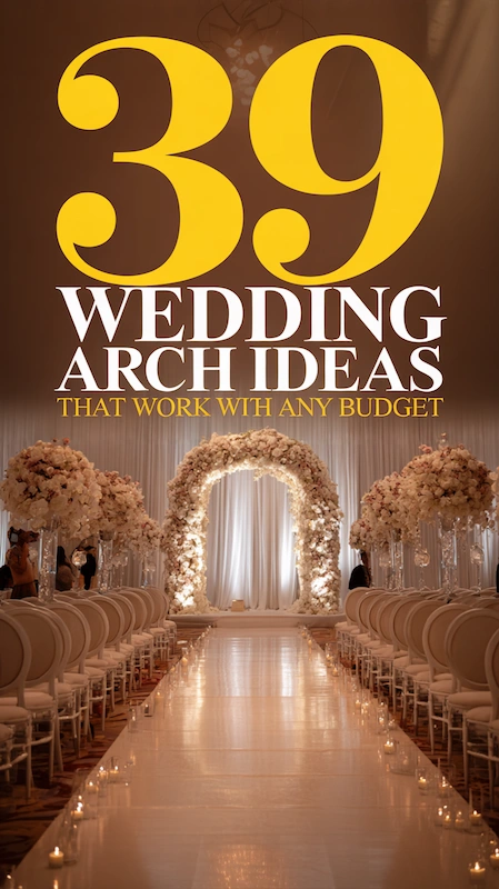 Elegant ballroom wedding aisle lined with candles leading to lush floral ceremony arch under title 39 wedding arch ideas