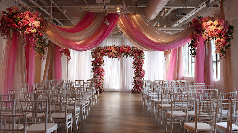 Wedding Decor 11 Elegant wedding ceremony aisle with white chairs, pink draped ceiling fabric, and lush floral arch at the altar in bright loft venue