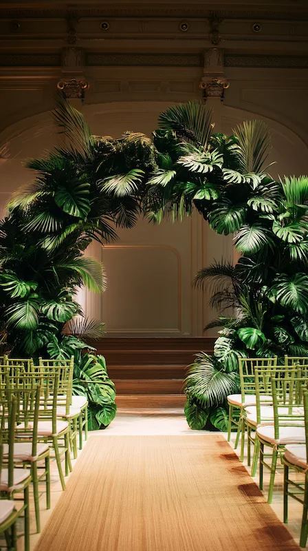 All-green tropical foliage wedding ceremony arch with palm and monstera leaves, green Chiavari chairs and neutral aisle runner
