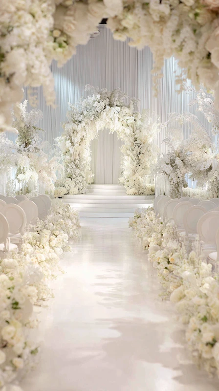 All-white floral wedding ceremony aisle with lush blooms, elegant chairs, and romantic arch backdrop in a luxurious setting