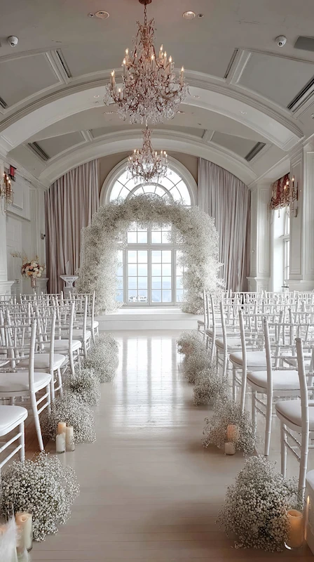 Elegant white wedding ceremony aisle with baby’s breath arch, chandeliers, candles, and chiavari chairs in a grand ballroom