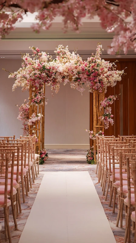 Luxury wedding ceremony aisle with bamboo arch covered in pink cherry blossom flowers and Chiavari chairs in elegant ballroom setting