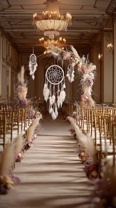 Boho wedding ceremony aisle with pampas grass floral arch and dreamcatcher decor in elegant ballroom with gold chiavari chairs