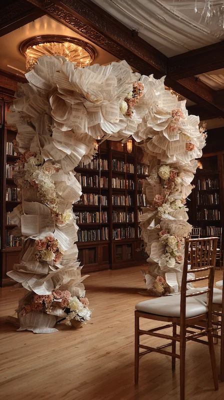 Romantic wedding ceremony arch made from folded book pages and soft florals set in an elegant library with wood shelves