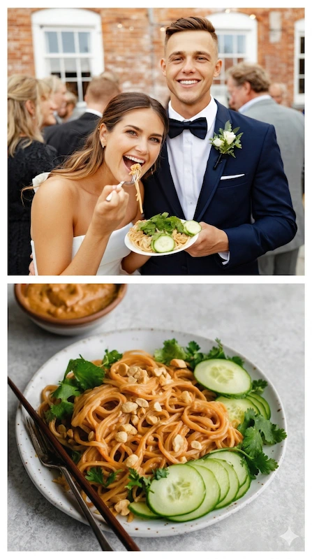 25 Wedding Pasta Bar Ideas Your Guests Will Obsess Over 14 Bride and groom enjoying pasta at wedding reception with close up of plated noodle dish garnished with cucumber and herbs