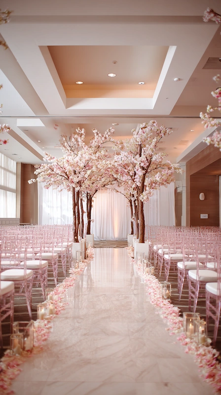 Luxury indoor wedding ceremony aisle lined with candles and petals leading to pink cherry blossom trees and clear chairs in ballroom