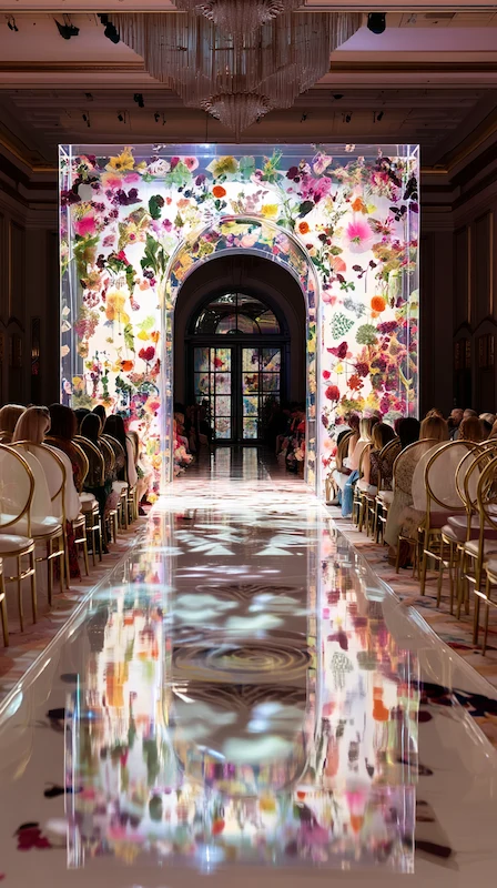 Clear acrylic wedding arch with pressed flowers, mirrored aisle reflection, and seated guests in a grand ballroom ceremony