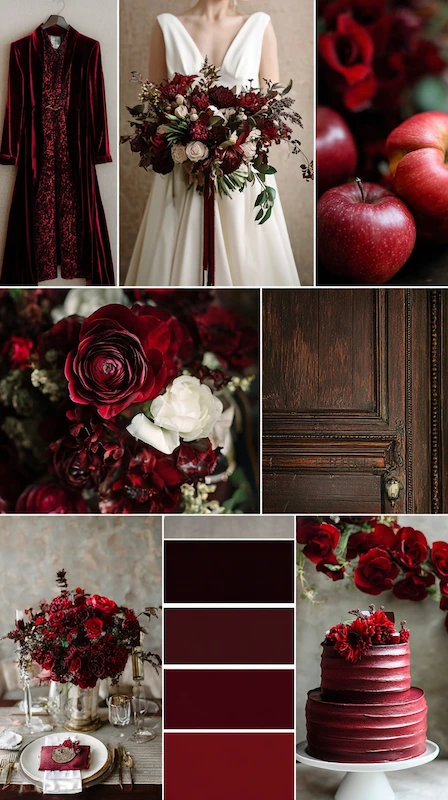Deep red wedding collage with burgundy dress, bridal bouquet, roses, apples, tablescape, cake and moody textures