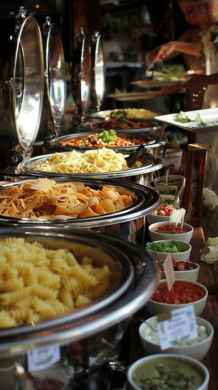 25 Wedding Pasta Bar Ideas Your Guests Will Obsess Over 6 DIY wedding pasta bar with chafing dishes, assorted pasta shapes and toppings as guests build custom plates at reception