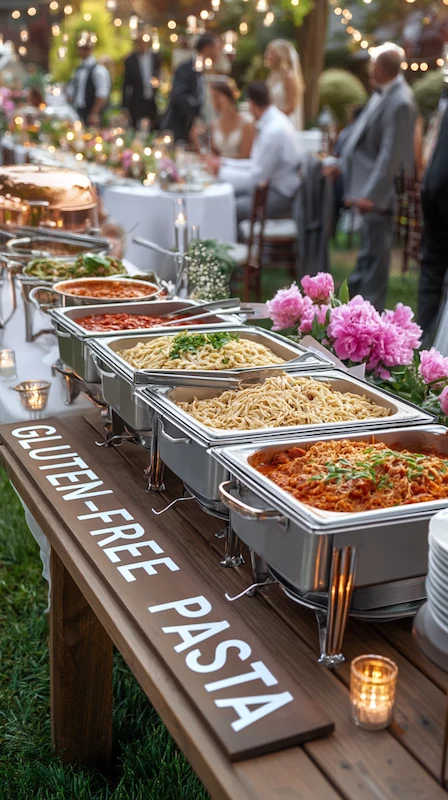 25 Wedding Pasta Bar Ideas Your Guests Will Obsess Over 19 Elegant outdoor wedding pasta buffet with chafing dishes, gluten-free sign, candlelight, and floral décor on rustic table
