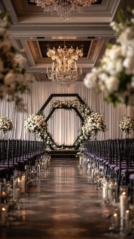 Elegant indoor wedding ceremony aisle with candles, floral arrangements, and a modern hexagon arch beneath crystal chandeliers.