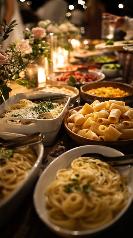 25 Wedding Pasta Bar Ideas Your Guests Will Obsess Over 4 Elegant wedding pasta bar with assorted dishes, candlelight ambiance, and fresh herbs creating a warm, inviting buffet display