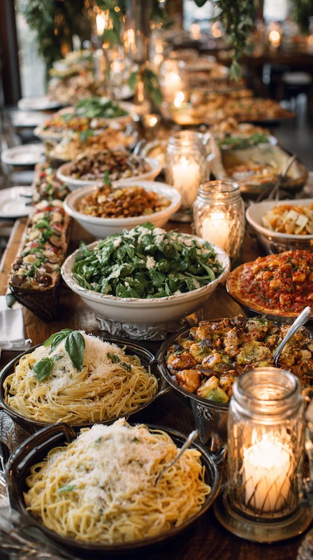 25 Wedding Pasta Bar Ideas Your Guests Will Obsess Over 22 Elegant wedding pasta bar with candlelit buffet, fresh pasta dishes, salads, herbs, and rustic décor on a long wooden table