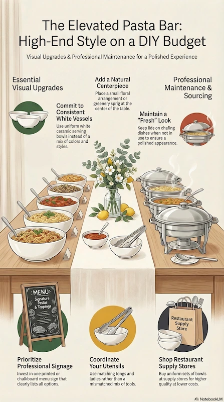 25 Wedding Pasta Bar Ideas Your Guests Will Obsess Over 17 Elegant wedding pasta bar setup with white bowls, chafing dishes, greenery centerpiece, signage, and coordinated serving utensils