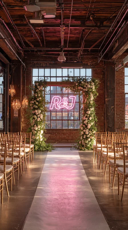 Industrial loft wedding ceremony aisle with floral arch and pink neon R&J sign backdrop, brick walls and gold Chiavari chairs.